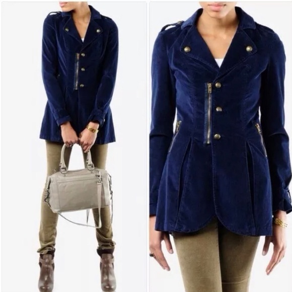Free People Jackets & Blazers - Free People Blue Velvet Military Style Coat